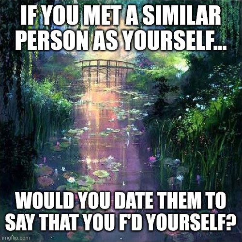 Self reflection | IF YOU MET A SIMILAR PERSON AS YOURSELF... WOULD YOU DATE THEM TO SAY THAT YOU F'D YOURSELF? | image tagged in reflection | made w/ Imgflip meme maker