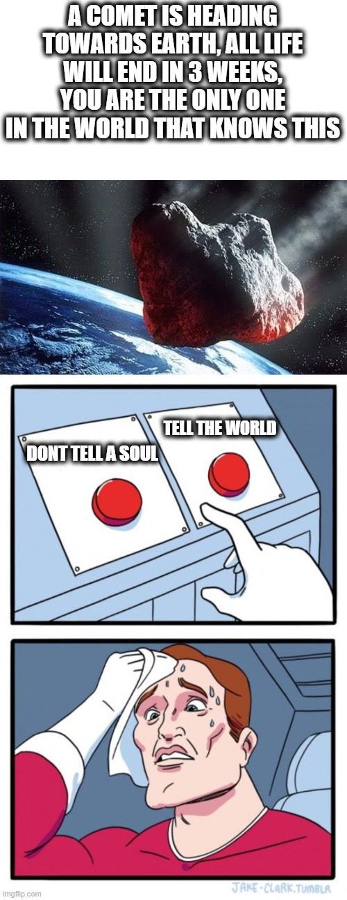 3 weeks | A COMET IS HEADING TOWARDS EARTH, ALL LIFE WILL END IN 3 WEEKS, YOU ARE THE ONLY ONE IN THE WORLD THAT KNOWS THIS; TELL THE WORLD; DONT TELL A SOUL | image tagged in astroid heading for earth,memes,two buttons,choices,hard choice to make | made w/ Imgflip meme maker
