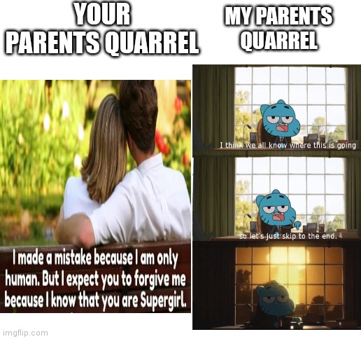 Types of quarrels | YOUR PARENTS QUARREL; MY PARENTS QUARREL | image tagged in blank white template | made w/ Imgflip meme maker