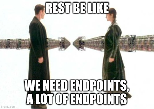rest need a lot of endpoints | REST BE LIKE; WE NEED ENDPOINTS, A LOT OF ENDPOINTS | image tagged in matrix guns lots of guns | made w/ Imgflip meme maker