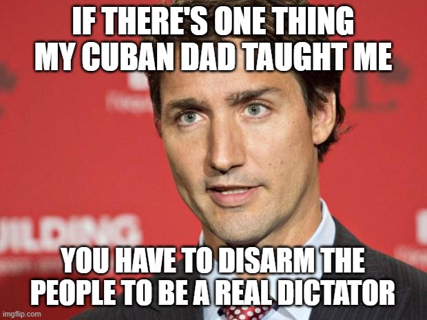 Trudeau | IF THERE'S ONE THING MY CUBAN DAD TAUGHT ME; YOU HAVE TO DISARM THE PEOPLE TO BE A REAL DICTATOR | image tagged in trudeau | made w/ Imgflip meme maker