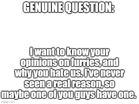 Blank White Template | GENUINE QUESTION:; I want to know your opinions on furries, and why you hate us. I've never seen a real reason, so maybe one of you guys have one. | image tagged in blank white template,question,why,sad,furry,antifurry | made w/ Imgflip meme maker