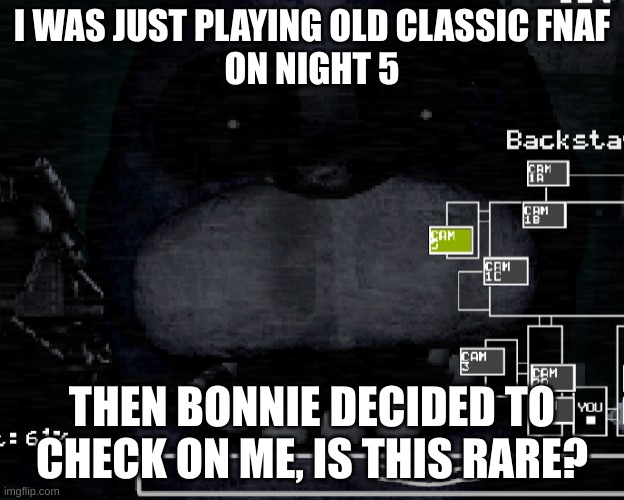 Is this rare? | I WAS JUST PLAYING OLD CLASSIC FNAF
ON NIGHT 5; THEN BONNIE DECIDED TO CHECK ON ME, IS THIS RARE? | image tagged in fnaf | made w/ Imgflip meme maker