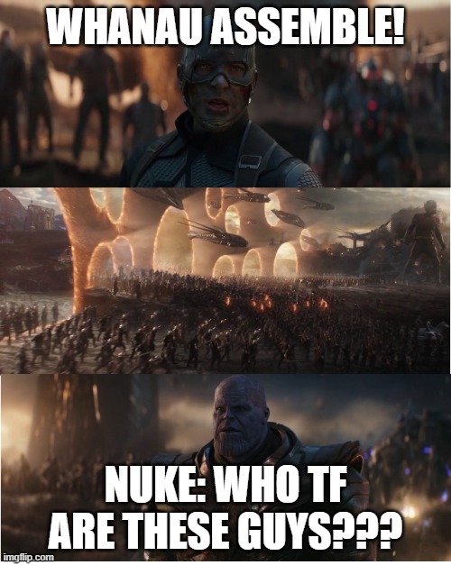 AVENGERS ASSEMBLE! | WHANAU ASSEMBLE! NUKE: WHO TF ARE THESE GUYS??? | image tagged in avengers assemble | made w/ Imgflip meme maker