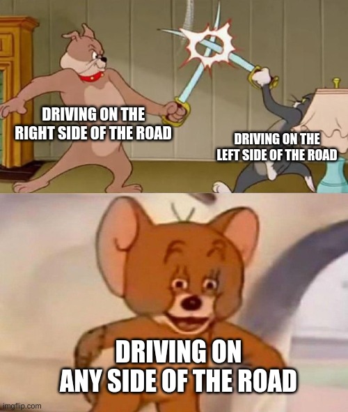 Hold up wait a minute something ain't right | DRIVING ON THE RIGHT SIDE OF THE ROAD; DRIVING ON THE LEFT SIDE OF THE ROAD; DRIVING ON ANY SIDE OF THE ROAD | image tagged in tom and jerry swordfight | made w/ Imgflip meme maker