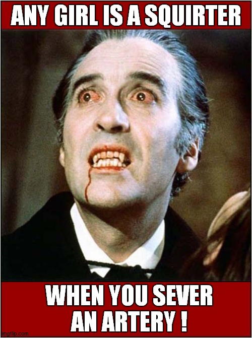 Dracula Knows ! | ANY GIRL IS A SQUIRTER; WHEN YOU SEVER
AN ARTERY ! | image tagged in dracula,squirter,artery,dark humour | made w/ Imgflip meme maker