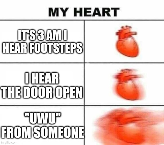 We have lost another one | IT'S 3 AM I HEAR FOOTSTEPS; I HEAR THE DOOR OPEN; "UWU" FROM SOMEONE | image tagged in my heart blank,anti-furry | made w/ Imgflip meme maker