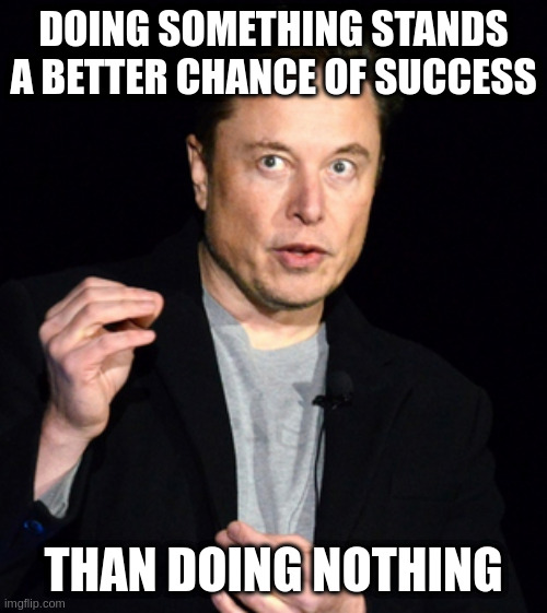 musk | DOING SOMETHING STANDS A BETTER CHANCE OF SUCCESS THAN DOING NOTHING | image tagged in musk | made w/ Imgflip meme maker