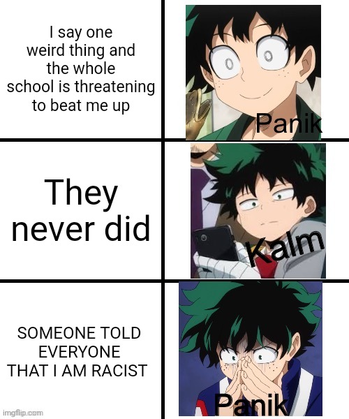Panik Deku | I say one weird thing and the whole school is threatening to beat me up; They never did; SOMEONE TOLD EVERYONE THAT I AM RACIST | image tagged in panik deku | made w/ Imgflip meme maker