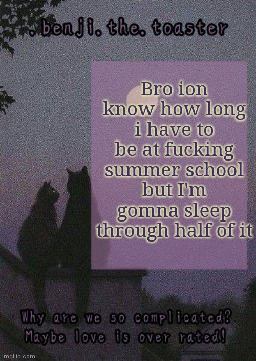 benji mooncore template | Bro ion know how long i have to be at fucking summer school but I'm gomna sleep through half of it | image tagged in benji mooncore template | made w/ Imgflip meme maker