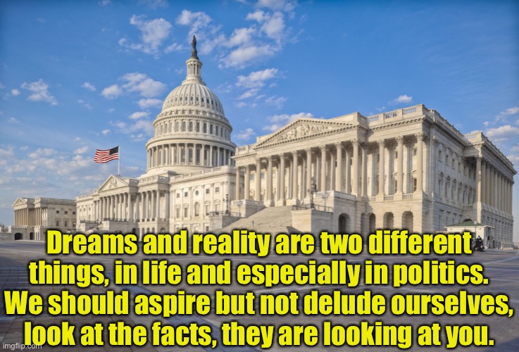 Dreams and Realities | Dreams and reality are two different things, in life and especially in politics. We should aspire but not delude ourselves, look at the facts, they are looking at you. | image tagged in congress,life and politics,dreams and reality,aspire not delude,facts looking at you | made w/ Imgflip meme maker