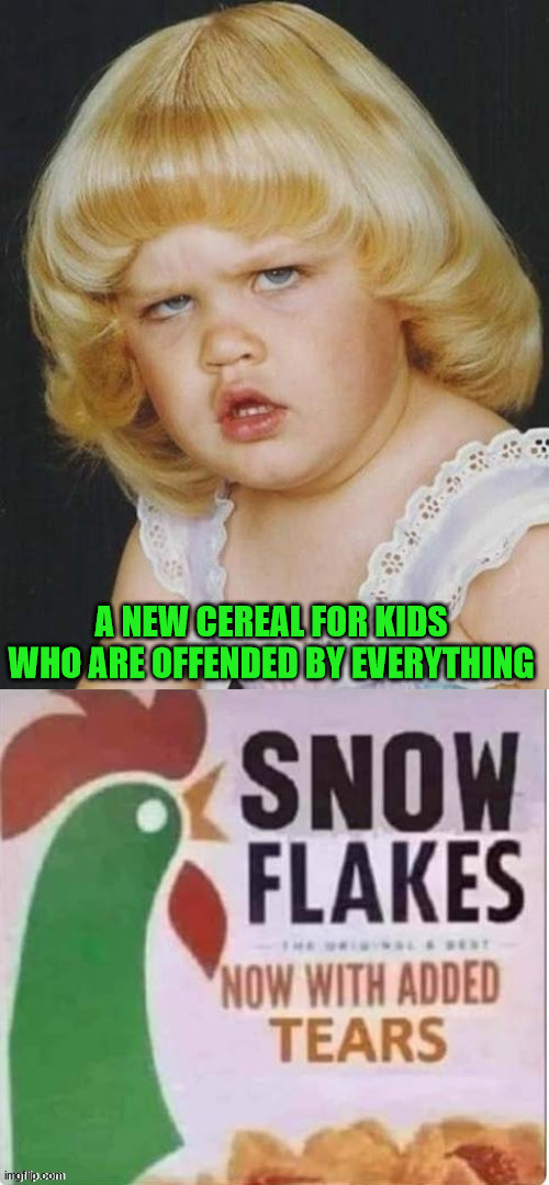A NEW CEREAL FOR KIDS WHO ARE OFFENDED BY EVERYTHING | image tagged in offended man child,fake | made w/ Imgflip meme maker
