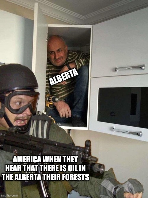 Man hiding in cubboard from SWAT template | ALBERTA; AMERICA WHEN THEY HEAR THAT THERE IS OIL IN THE ALBERTA THEIR FORESTS | image tagged in man hiding in cubboard from swat template | made w/ Imgflip meme maker
