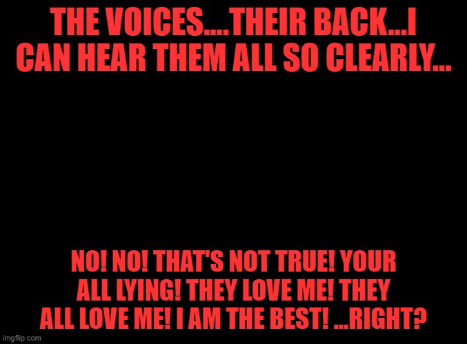 make them stop! make them stop! make them go away! | THE VOICES....THEIR BACK...I CAN HEAR THEM ALL SO CLEARLY... NO! NO! THAT'S NOT TRUE! YOUR ALL LYING! THEY LOVE ME! THEY ALL LOVE ME! I AM THE BEST! ...RIGHT? | image tagged in blank black | made w/ Imgflip meme maker