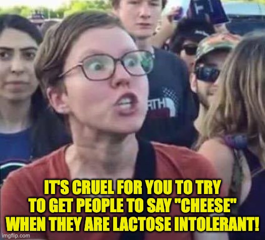 say cheese | IT'S CRUEL FOR YOU TO TRY TO GET PEOPLE TO SAY "CHEESE" WHEN THEY ARE LACTOSE INTOLERANT! | image tagged in angry liberal | made w/ Imgflip meme maker