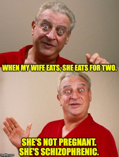 Rodney | WHEN MY WIFE EATS, SHE EATS FOR TWO. SHE'S NOT PREGNANT.  SHE'S SCHIZOPHRENIC. | image tagged in classic rodney | made w/ Imgflip meme maker