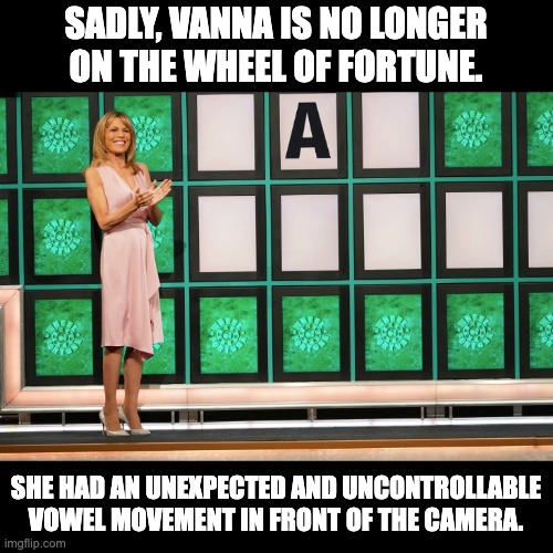 Vanna | SADLY, VANNA IS NO LONGER ON THE WHEEL OF FORTUNE. SHE HAD AN UNEXPECTED AND UNCONTROLLABLE VOWEL MOVEMENT IN FRONT OF THE CAMERA. | image tagged in bad pun | made w/ Imgflip meme maker