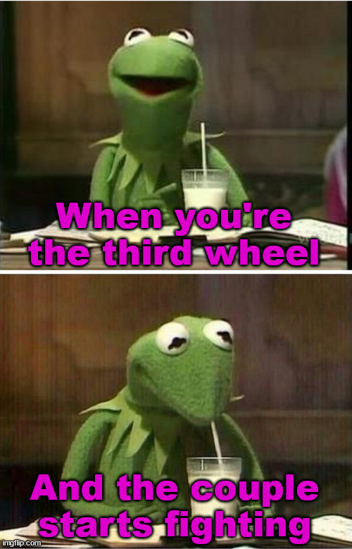 You might find a new date afterwards.... |  When you're the third wheel; And the couple starts fighting | image tagged in kermit drinking milk,dating,third wheel | made w/ Imgflip meme maker