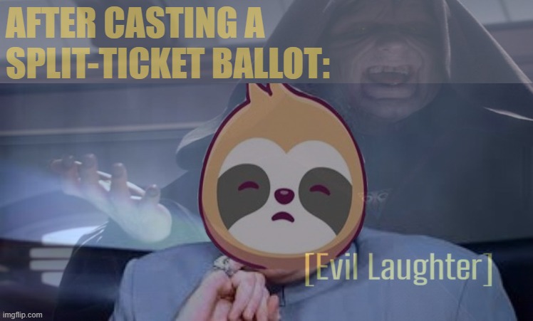 The tallier of the votes shall SUFFAHH! *evil chortles* | AFTER CASTING A SPLIT-TICKET BALLOT: | image tagged in sloth dr evil,split,ticket,ballot,evil,sloth | made w/ Imgflip meme maker