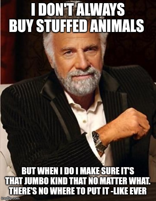 i don't always | I DON'T ALWAYS BUY STUFFED ANIMALS; BUT WHEN I DO I MAKE SURE IT'S THAT JUMBO KIND THAT NO MATTER WHAT. THERE'S NO WHERE TO PUT IT -LIKE EVER | image tagged in i don't always | made w/ Imgflip meme maker