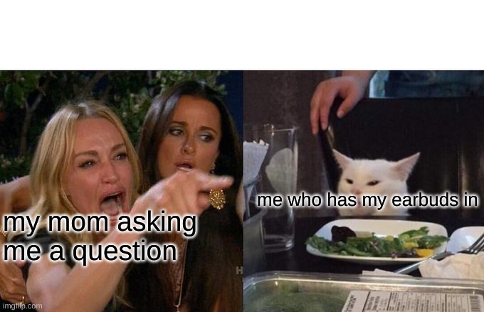 meow | me who has my earbuds in; my mom asking me a question | image tagged in memes,woman yelling at cat | made w/ Imgflip meme maker
