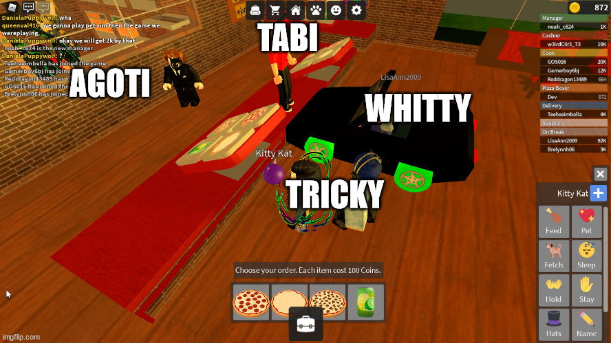 car in pizza place | WHITTY TABI AGOTI TRICKY | image tagged in car in pizza place | made w/ Imgflip meme maker