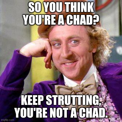 Willy wonka thinks you're unchadly | SO YOU THINK YOU'RE A CHAD? KEEP STRUTTING, YOU'RE NOT A CHAD. | image tagged in willy wonka blank | made w/ Imgflip meme maker