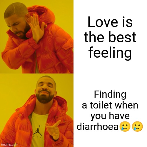 Drake Hotline Bling | Love is the best feeling; Finding a toilet when you have diarrhoea🥲🥲 | image tagged in memes,drake hotline bling | made w/ Imgflip meme maker