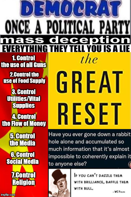 The Great ReSet | 1. Control the use of all Guns; 2.Control the use of Food Supply; 3. Control Utilities/Vital Supplies; 4. Control the Flow of Money; 5. Control the Media; 6. Control Social Media; 7.Control Religion | image tagged in great reset,axe to grind,chip on shoulder,mediaocracy,biden | made w/ Imgflip meme maker
