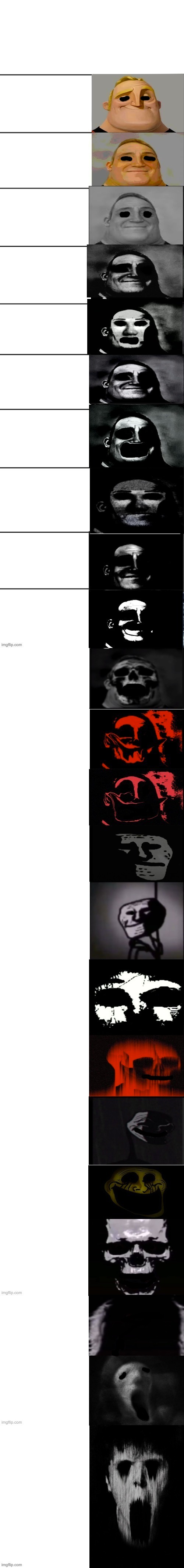 Mr. Incredible Becoming Uncanny No Eyes And Mouth  (Warning! If This Easily Scares You ,Don't Look At This!) | image tagged in bob parr becoming uncanny 2nd extended | made w/ Imgflip meme maker