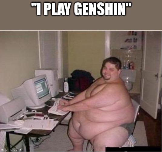used in comment | "I PLAY GENSHIN" | image tagged in really fat guy on computer | made w/ Imgflip meme maker