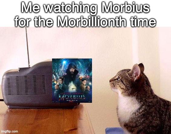 ah | Me watching Morbius for the Morbillionth time | image tagged in cat watching tv | made w/ Imgflip meme maker