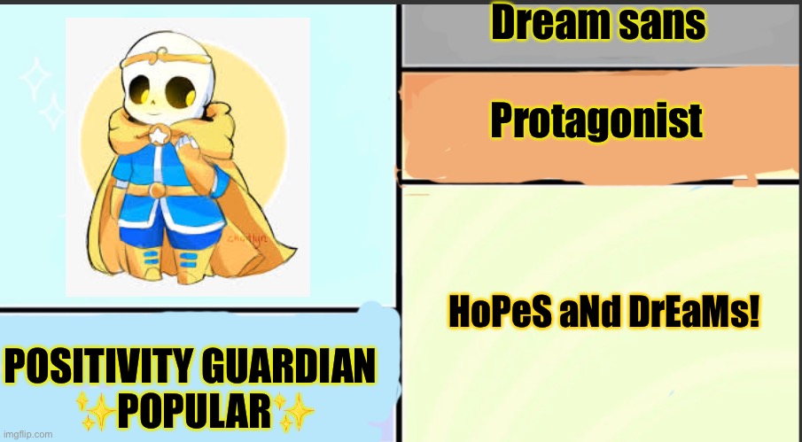 What I’m working on! | Dream sans; Protagonist; HoPeS aNd DrEaMs! POSITIVITY GUARDIAN 
✨POPULAR✨ | image tagged in character description | made w/ Imgflip meme maker