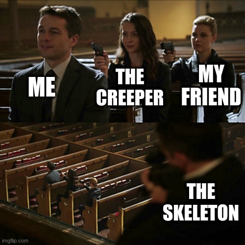 minecraft in a nutshell | ME; MY FRIEND; THE CREEPER; THE SKELETON | image tagged in assassination chain | made w/ Imgflip meme maker