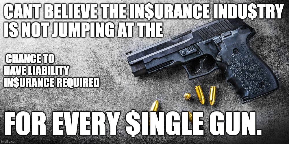 Gun Insurance | CANT BELIEVE THE IN$URANCE INDU$TRY
IS NOT JUMPING AT THE; CHANCE TO HAVE LIABILITY
IN$URANCE REQUIRED; FOR EVERY $INGLE GUN. | image tagged in gun control,insurance,liability,gun reform | made w/ Imgflip meme maker