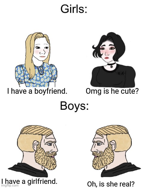 Don't call me sexist | I have a boyfriend. Omg is he cute? I have a girlfriend. Oh, is she real? | image tagged in yes chad boys vs girls,true,stop reading the tags | made w/ Imgflip meme maker