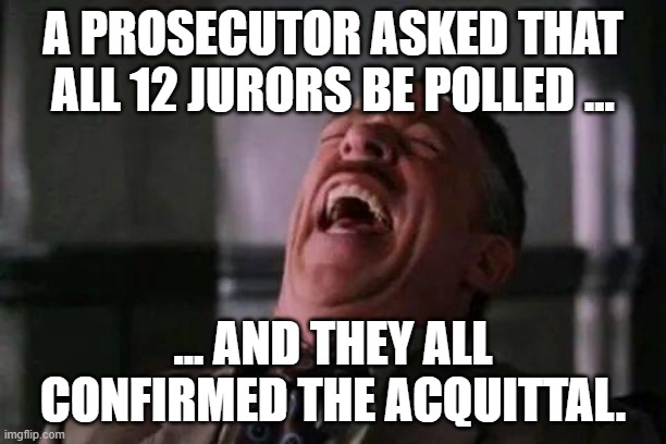 laughing guy | A PROSECUTOR ASKED THAT ALL 12 JURORS BE POLLED ... ... AND THEY ALL CONFIRMED THE ACQUITTAL. | image tagged in laughing guy | made w/ Imgflip meme maker