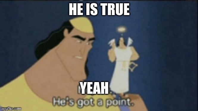 no no hes got a point | HE IS TRUE YEAH | image tagged in no no hes got a point | made w/ Imgflip meme maker