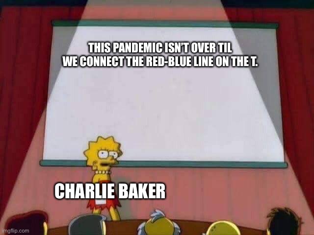 Lisa Simpson Speech | THIS PANDEMIC ISN’T OVER TIL WE CONNECT THE RED-BLUE LINE ON THE T. CHARLIE BAKER | image tagged in lisa simpson speech | made w/ Imgflip meme maker