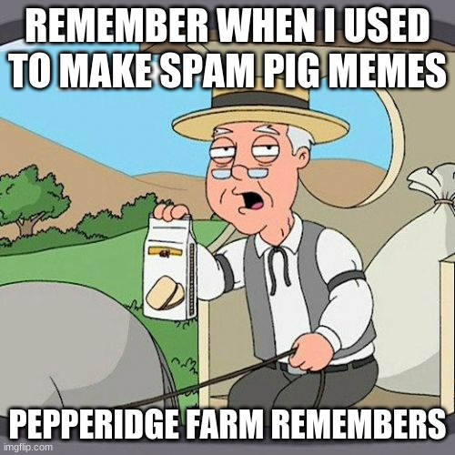 Dang that feels like such a long time ago | REMEMBER WHEN I USED TO MAKE SPAM PIG MEMES; PEPPERIDGE FARM REMEMBERS | image tagged in memes,pepperidge farm remembers | made w/ Imgflip meme maker