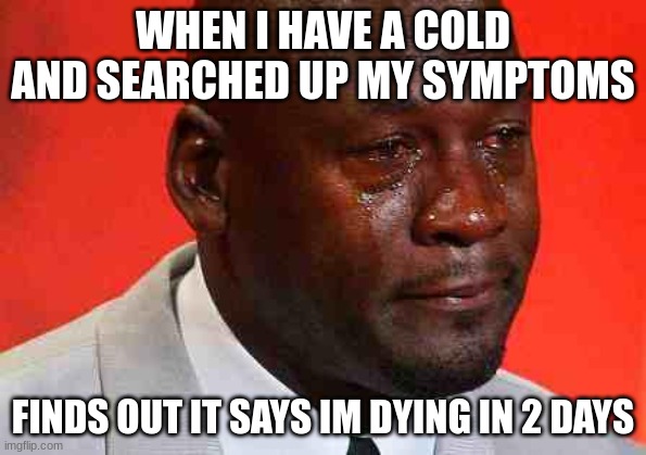 crying michael jordan | WHEN I HAVE A COLD AND SEARCHED UP MY SYMPTOMS; FINDS OUT IT SAYS IM DYING IN 2 DAYS | image tagged in crying michael jordan | made w/ Imgflip meme maker