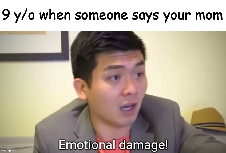 its so true | 9 y/o when someone says your mom | image tagged in emotional damage,funny,fun,memes | made w/ Imgflip meme maker