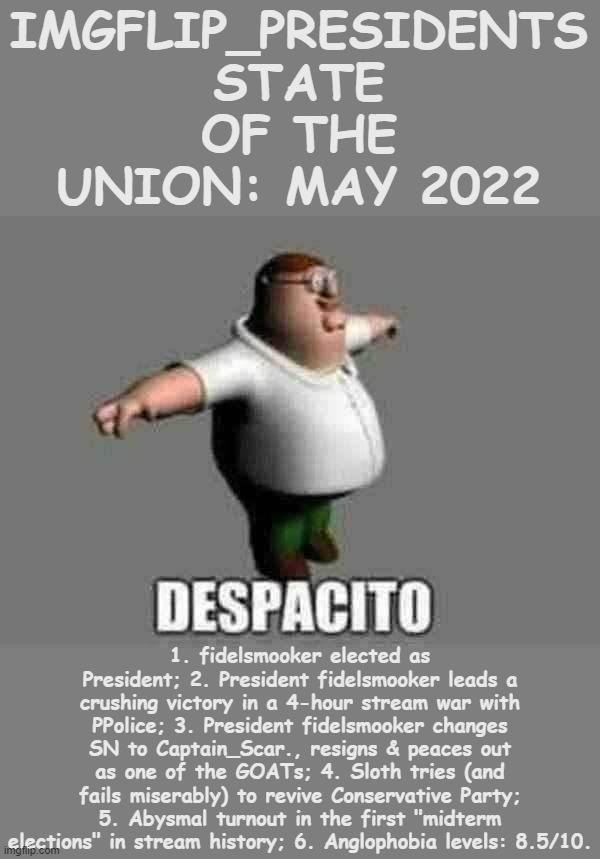 It's the end of May, and the State of our Union is despacito. | IMGFLIP_PRESIDENTS STATE OF THE UNION: MAY 2022; 1. fidelsmooker elected as President; 2. President fidelsmooker leads a crushing victory in a 4-hour stream war with PPolice; 3. President fidelsmooker changes SN to Captain_Scar., resigns & peaces out as one of the GOATs; 4. Sloth tries (and fails miserably) to revive Conservative Party; 5. Abysmal turnout in the first "midterm elections" in stream history; 6. Anglophobia levels: 8.5/10. | image tagged in peter griffin t-pose,des,pa,ci,to,state of the union | made w/ Imgflip meme maker