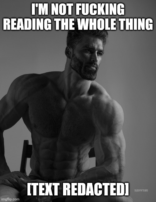 Giga Chad | I'M NOT FUCKING READING THE WHOLE THING [TEXT REDACTED] | image tagged in giga chad | made w/ Imgflip meme maker