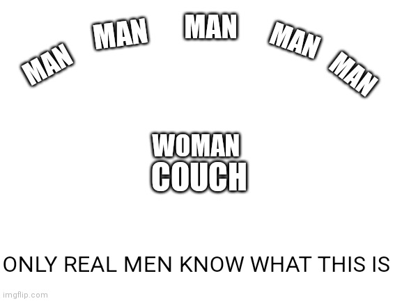 Only real men | MAN; MAN; MAN; MAN; MAN; COUCH; WOMAN; ONLY REAL MEN KNOW WHAT THIS IS | image tagged in tag,another tag,another another tag,another another another tag,okay i will be done now | made w/ Imgflip meme maker