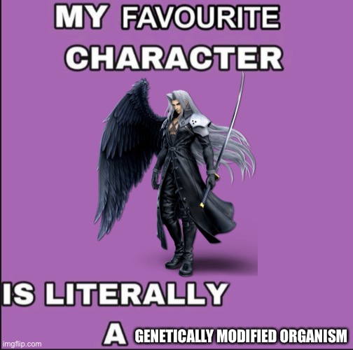 My favorite character is literally a ____ | GENETICALLY MODIFIED ORGANISM | image tagged in my favorite character is literally a ____ | made w/ Imgflip meme maker