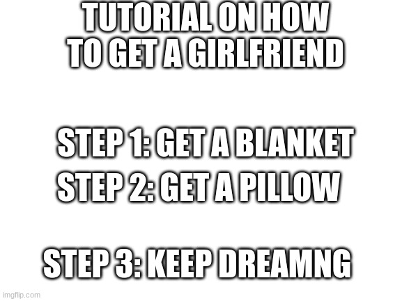 Tutorial for all the virgins out there | TUTORIAL ON HOW TO GET A GIRLFRIEND; STEP 1: GET A BLANKET; STEP 2: GET A PILLOW; STEP 3: KEEP DREAMNG | image tagged in blank white template | made w/ Imgflip meme maker