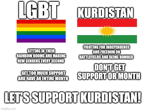 Blank White Template | LGBT; KURDISTAN; SITTING IN THEIR RAINBOW ROOMS AND MAKING NEW GENDERS EVERY SECOND; FIGHTING FOR INDEPENDENCE AND FREEDOM ON BATTLEFIELDS AND BEING BOMBED; DON'T GET SUPPORT OR MONTH; GET TOO MUCH SUPPORT AND HAVE AN ENTIRE MONTH; LET'S SUPPORT KURDISTAN! | image tagged in blank white template | made w/ Imgflip meme maker