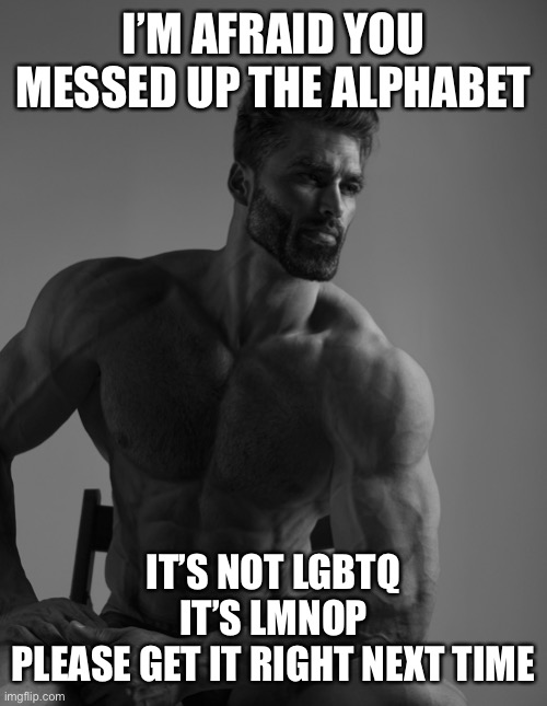 Giga Chad | I’M AFRAID YOU MESSED UP THE ALPHABET; IT’S NOT LGBTQ IT’S LMNOP
PLEASE GET IT RIGHT NEXT TIME | image tagged in giga chad | made w/ Imgflip meme maker
