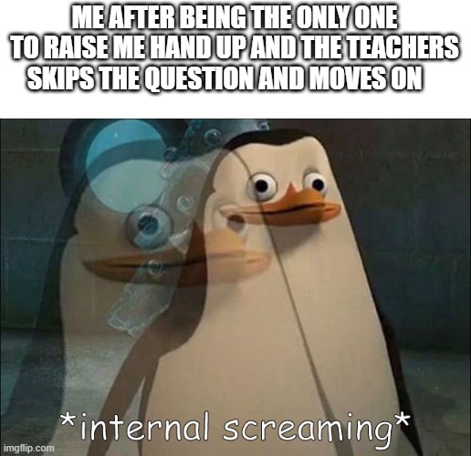 Private Internal Screaming | ME AFTER BEING THE ONLY ONE TO RAISE ME HAND UP AND THE TEACHERS SKIPS THE QUESTION AND MOVES ON | image tagged in private internal screaming,funny,memes,relatable,true story,sad | made w/ Imgflip meme maker